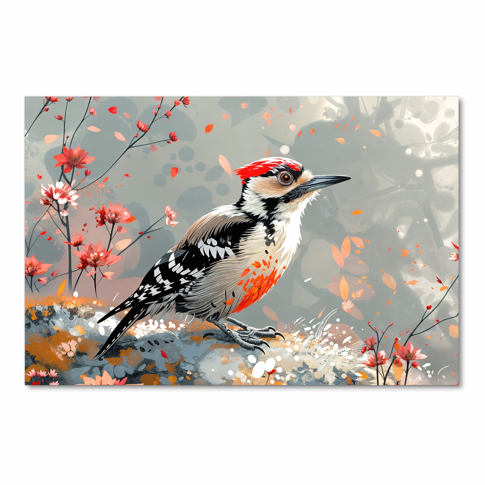 Komfortabler Küchenteppich mit Motiv Specht zwischen Blumen in Frontansicht für angenehmes Stehen