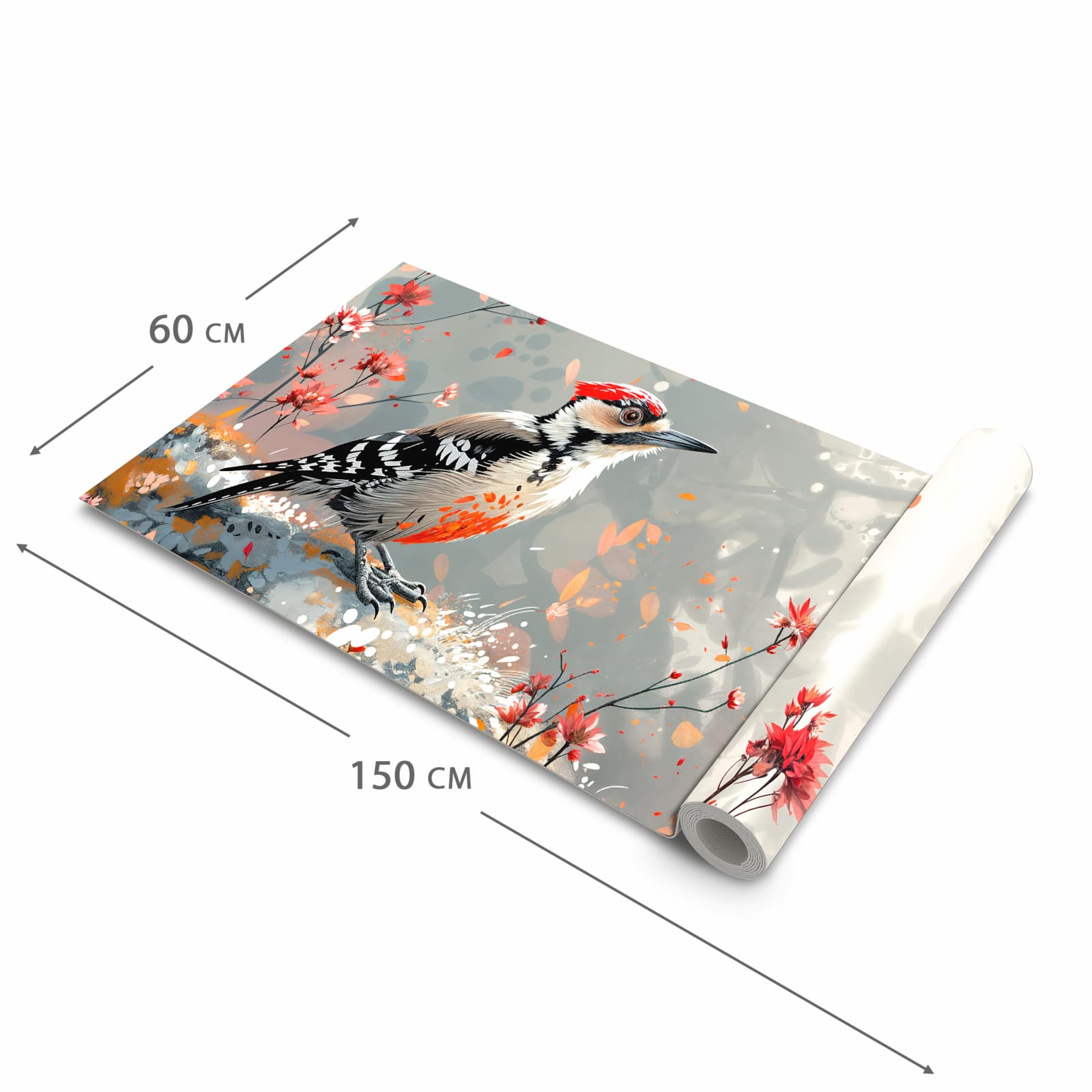 Bodenschonender Küchenteppich mit Motiv Specht zwischen Blumen in der Größe 60x90 cm