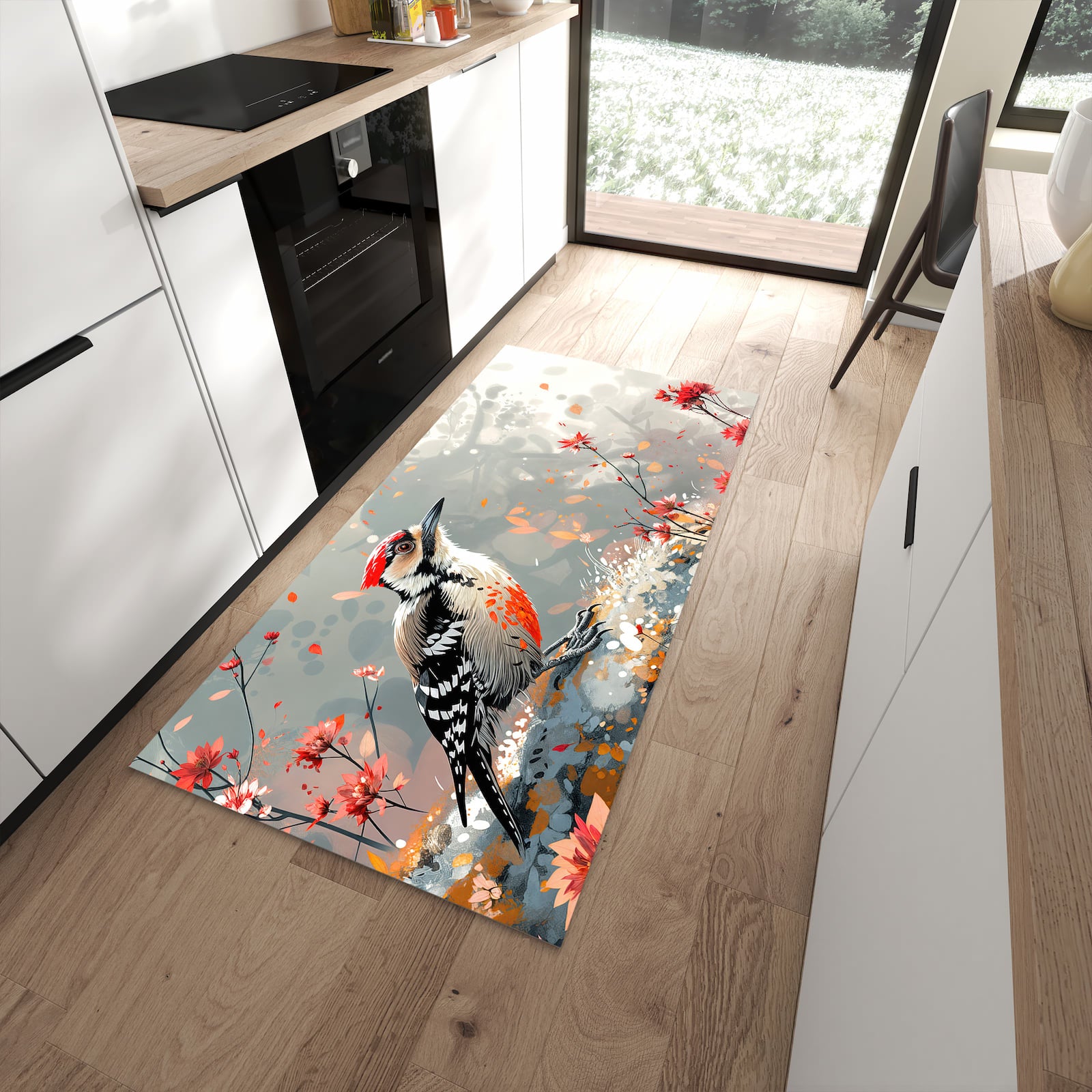 Waschbarer Küchenläufer mit Motiv Specht zwischen Blumen in moderner Küche für sicheres Aufbewahren