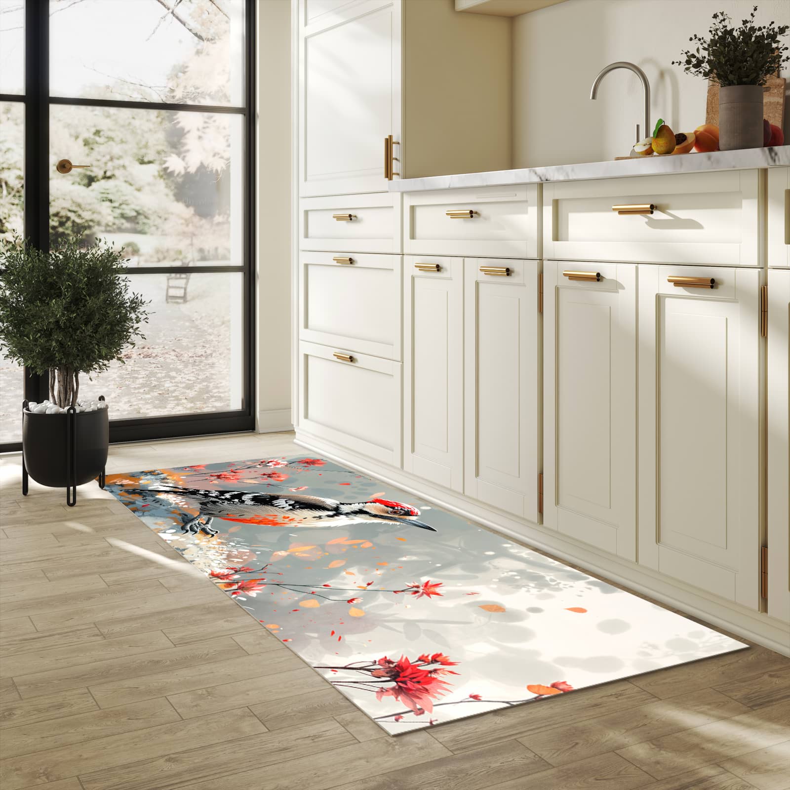 Rutschhemmender Küchenläufer mit Motiv Specht zwischen Blumen in heller Küche