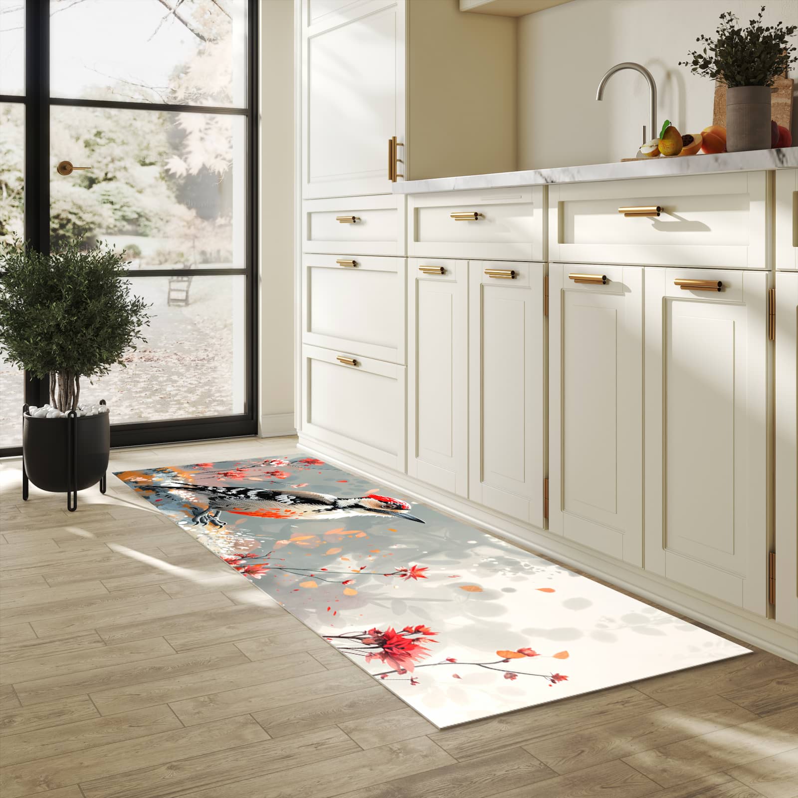 Langlebiger Küchenläufer mit Motiv Specht zwischen Blumen in heller Küche