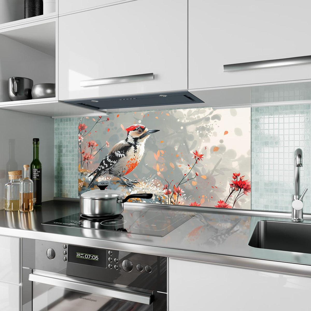 Küchenrückwand aus Glas Specht zwischen Blumen im Hochformat als Spritzschutz hinter dem Kochfeld, über dem Fliesenspiegel montiert