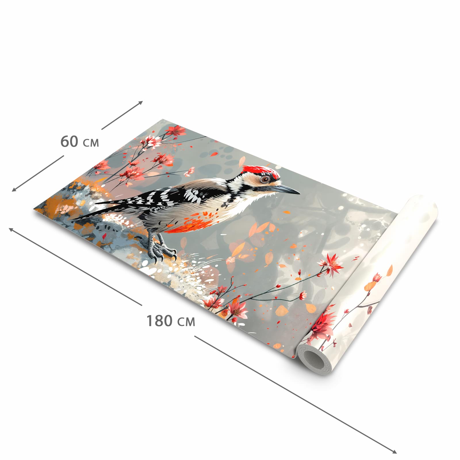 Küchenteppich mit Motiv Specht zwischen Blumen in der Grösse 60x90 cm für Ordnung & Übersicht