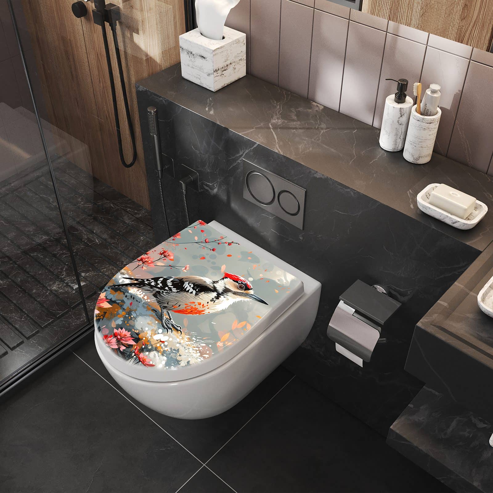WC-Sitz mit Absenkautomatik Specht zwischen Blumen