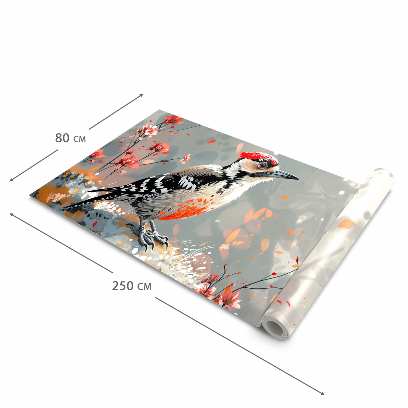 Geräuschdämpfender Läufer für die Küche mit Motiv Specht zwischen Blumen in der Größe 60x90 cm