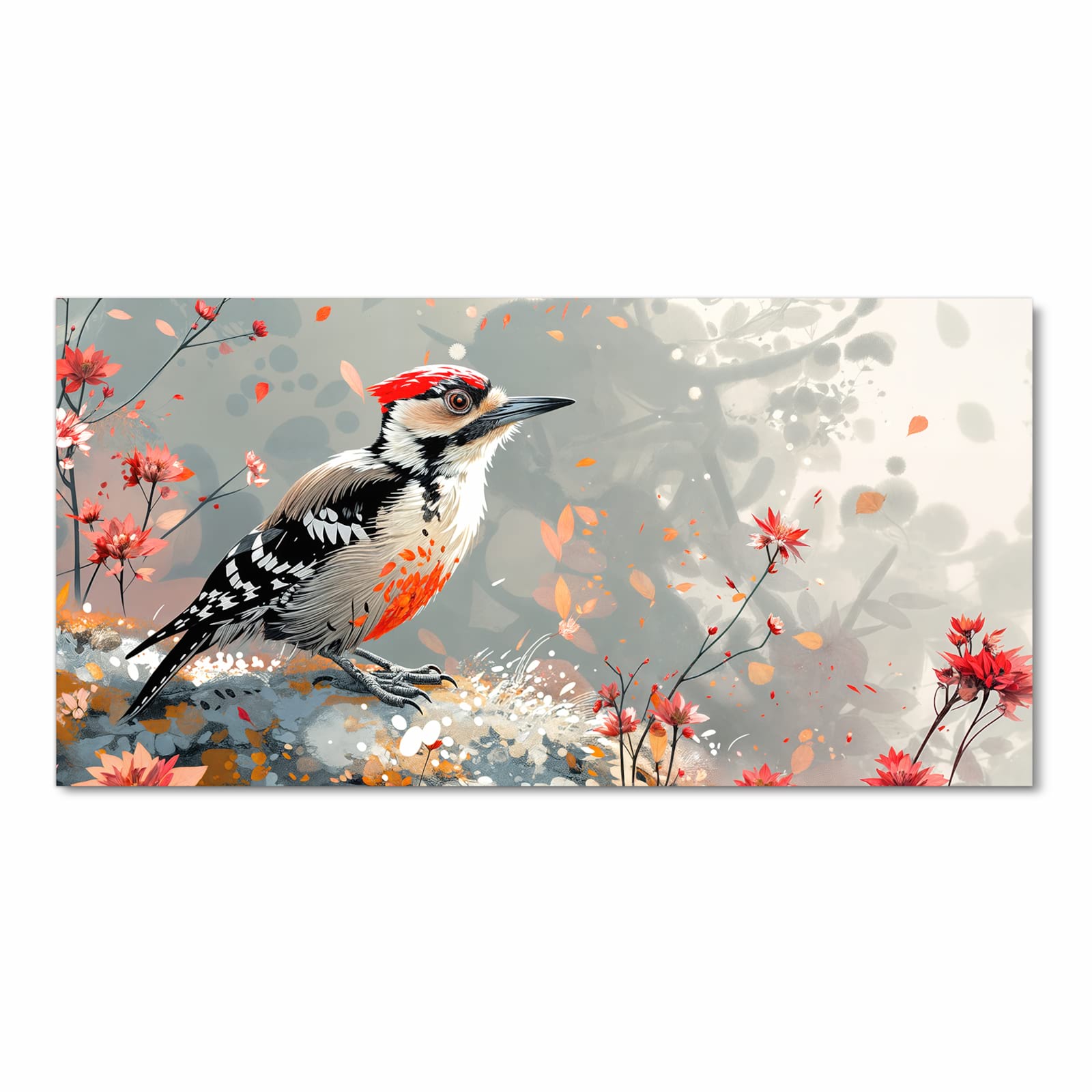 Formstabiler abwaschbarer Küchenteppich mit Motiv Specht zwischen Blumen in Frontansicht