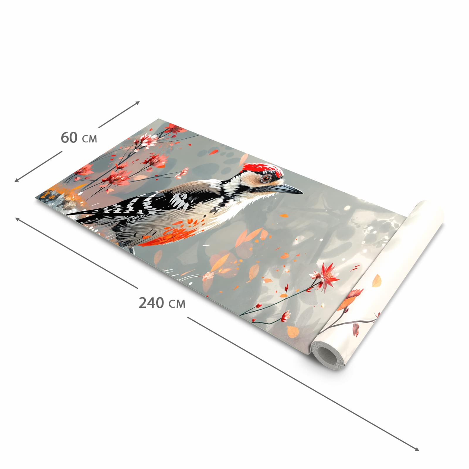 Bodenschonender Küchenteppich mit Motiv Specht zwischen Blumen in der Grösse 60x90 cm