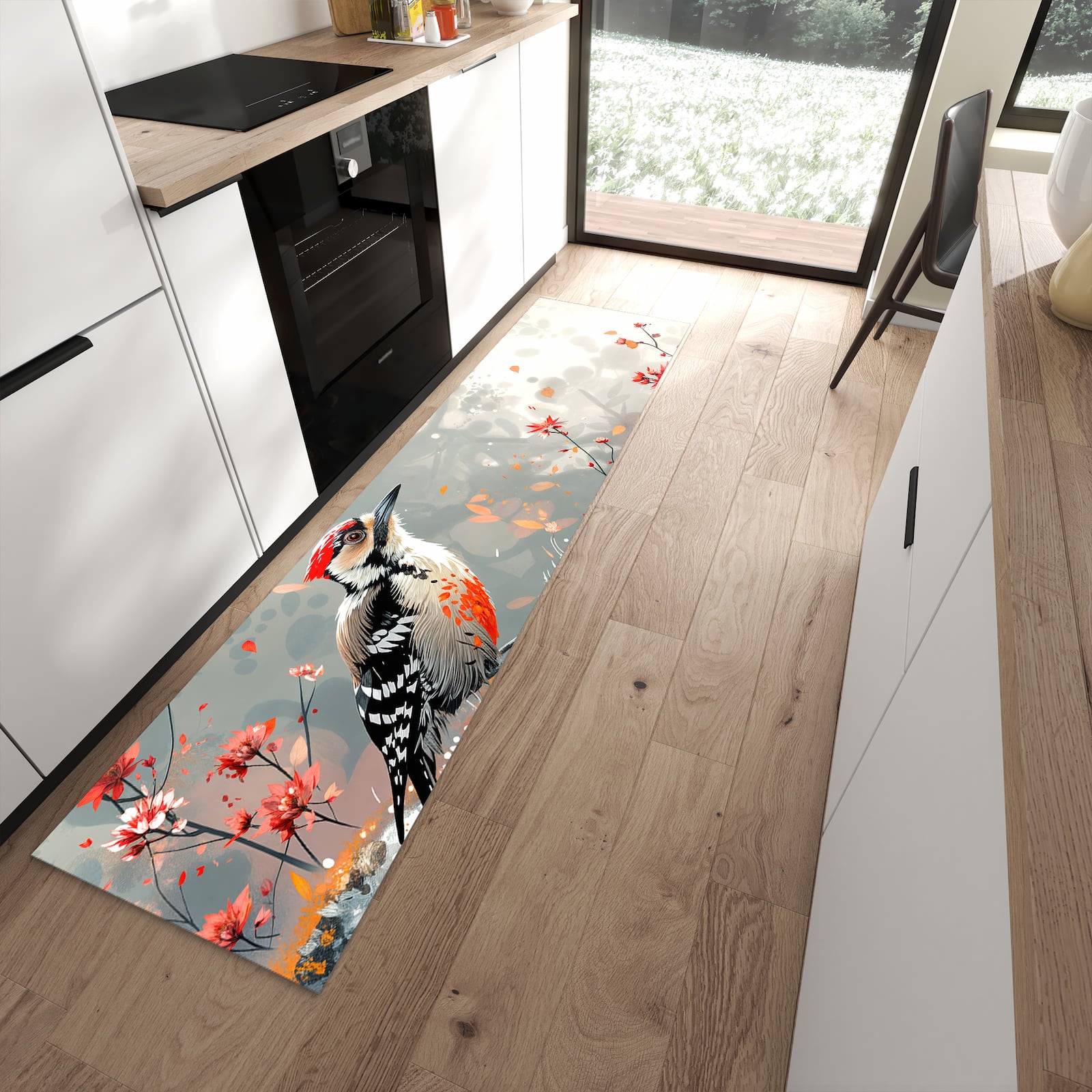 Langlebiger rutschfester Küchenteppich mit Motiv Specht zwischen Blumen in moderner Küche