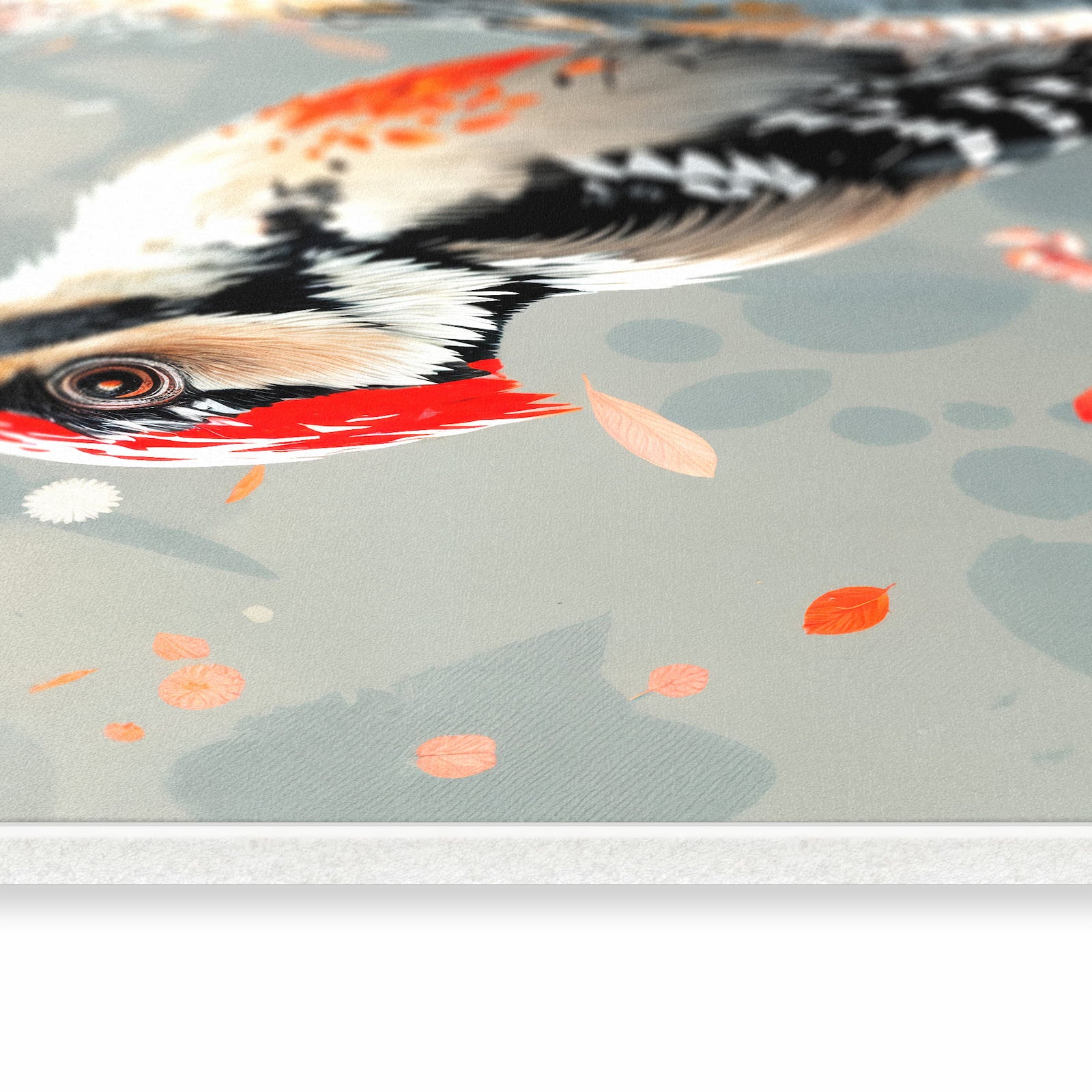 Langlebiger abwaschbarer Küchenläufer mit Motiv Specht zwischen Blumen in seitlicher Ansicht