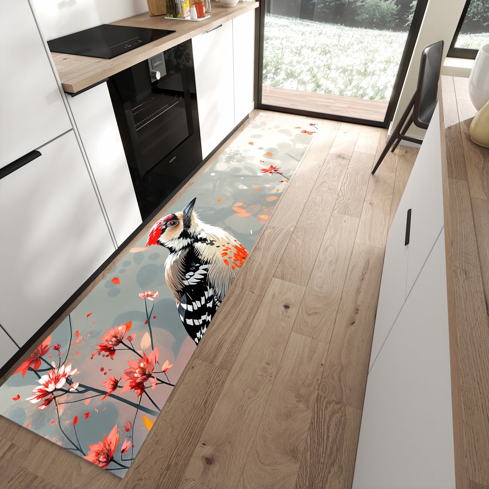 Feuchtigkeitsresistenter Küchenläufer mit Motiv Specht zwischen Blumen in moderner Küche