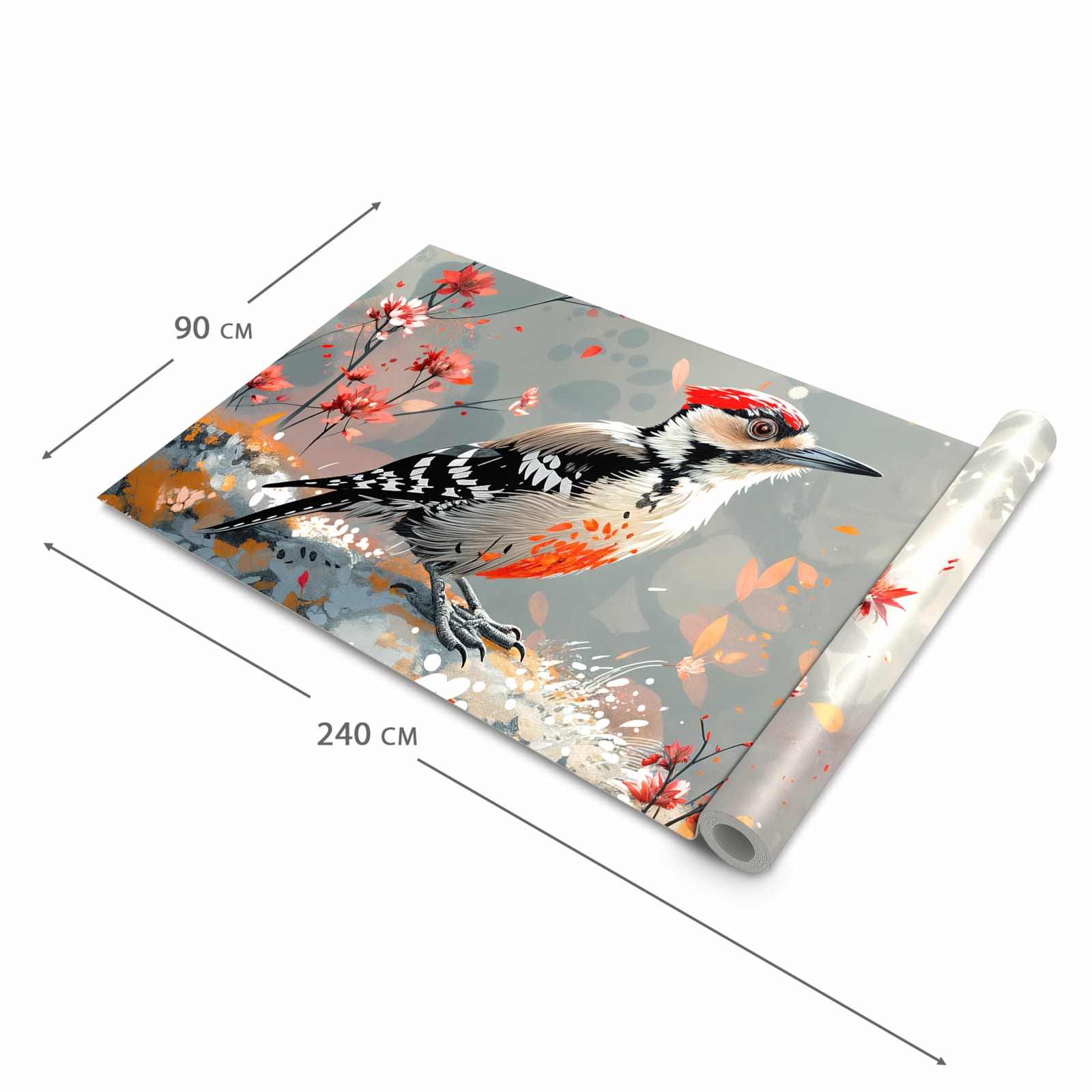 Wasserabweisender Küchenvorleger mit Motiv Specht zwischen Blumen in der Grösse 60x90 cm