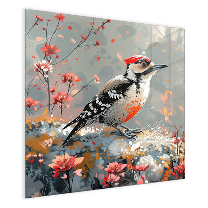 Magnettafel mit dem Motiv Specht zwischen Blumen