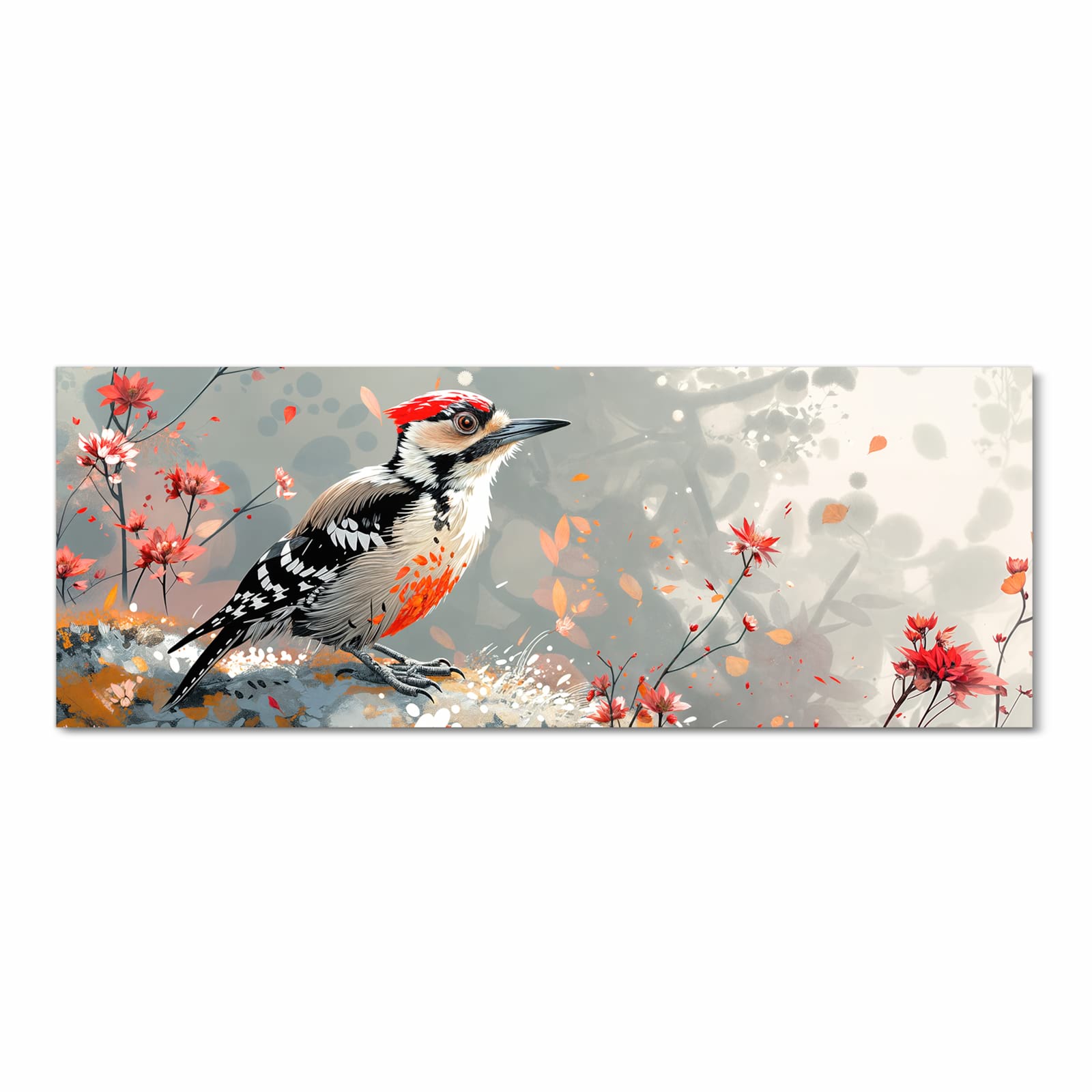 Geruchsneutraler Küchenläufer mit Motiv Specht zwischen Blumen in Frontansicht