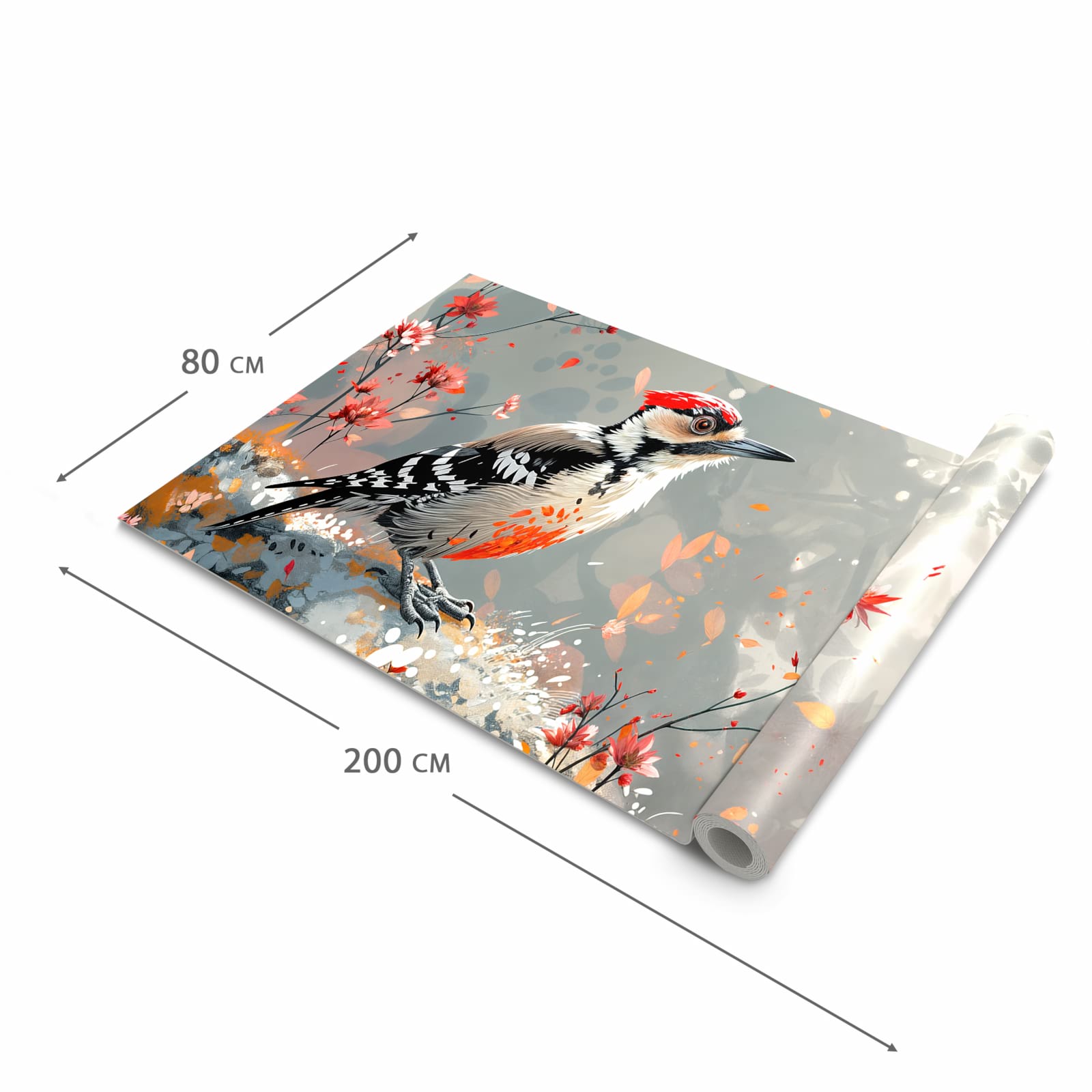 Zeitsparender Küchenteppich mit Motiv Specht zwischen Blumen in der Grösse 60x90 cm