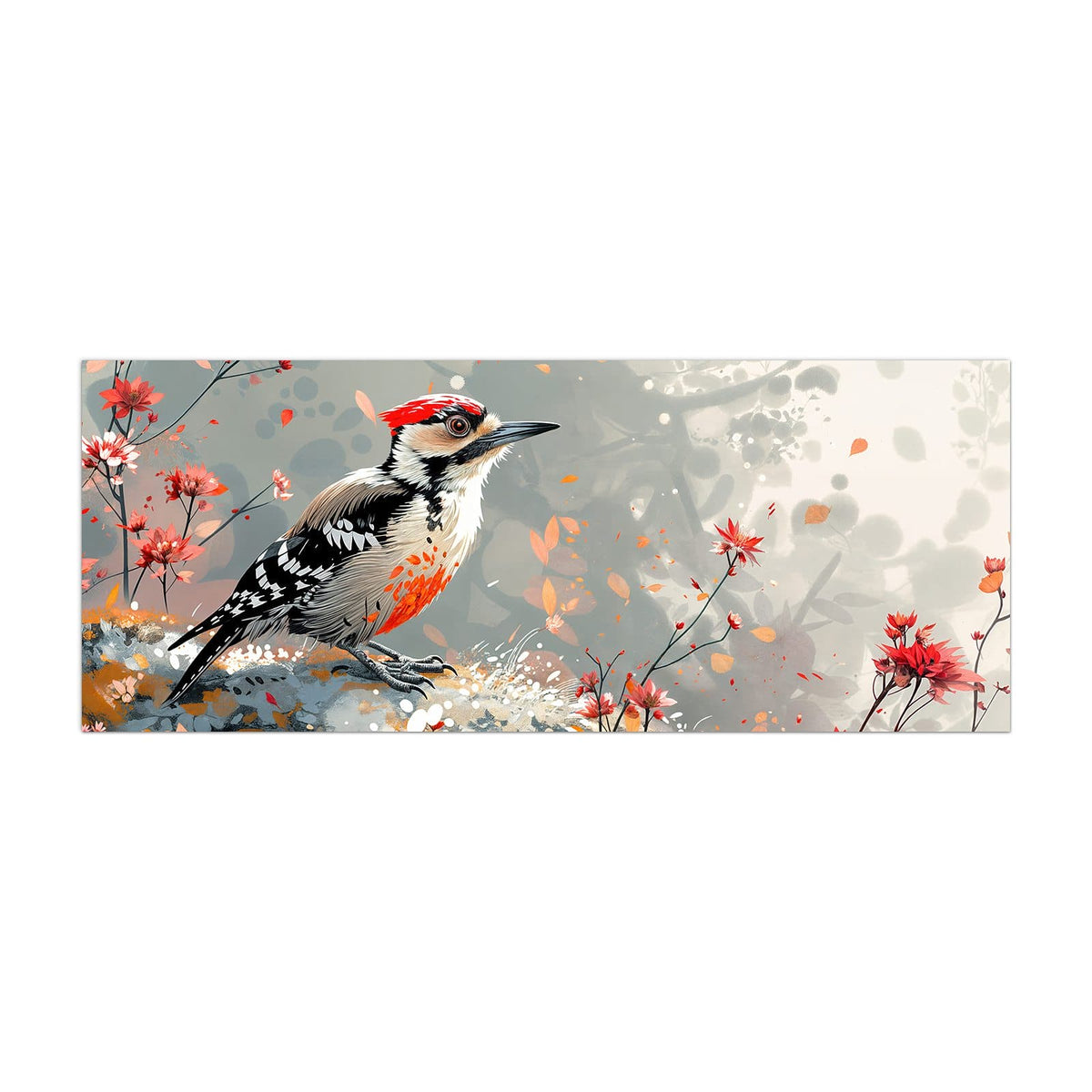 Küchenrückwand aus Glas Specht zwischen Blumen im Hochformat, Motiv bildfüllend von vorn