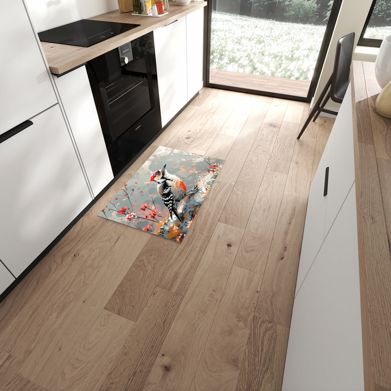 Bodenschonender Küchenläufer mit Motiv Specht zwischen Blumen in moderner Küche