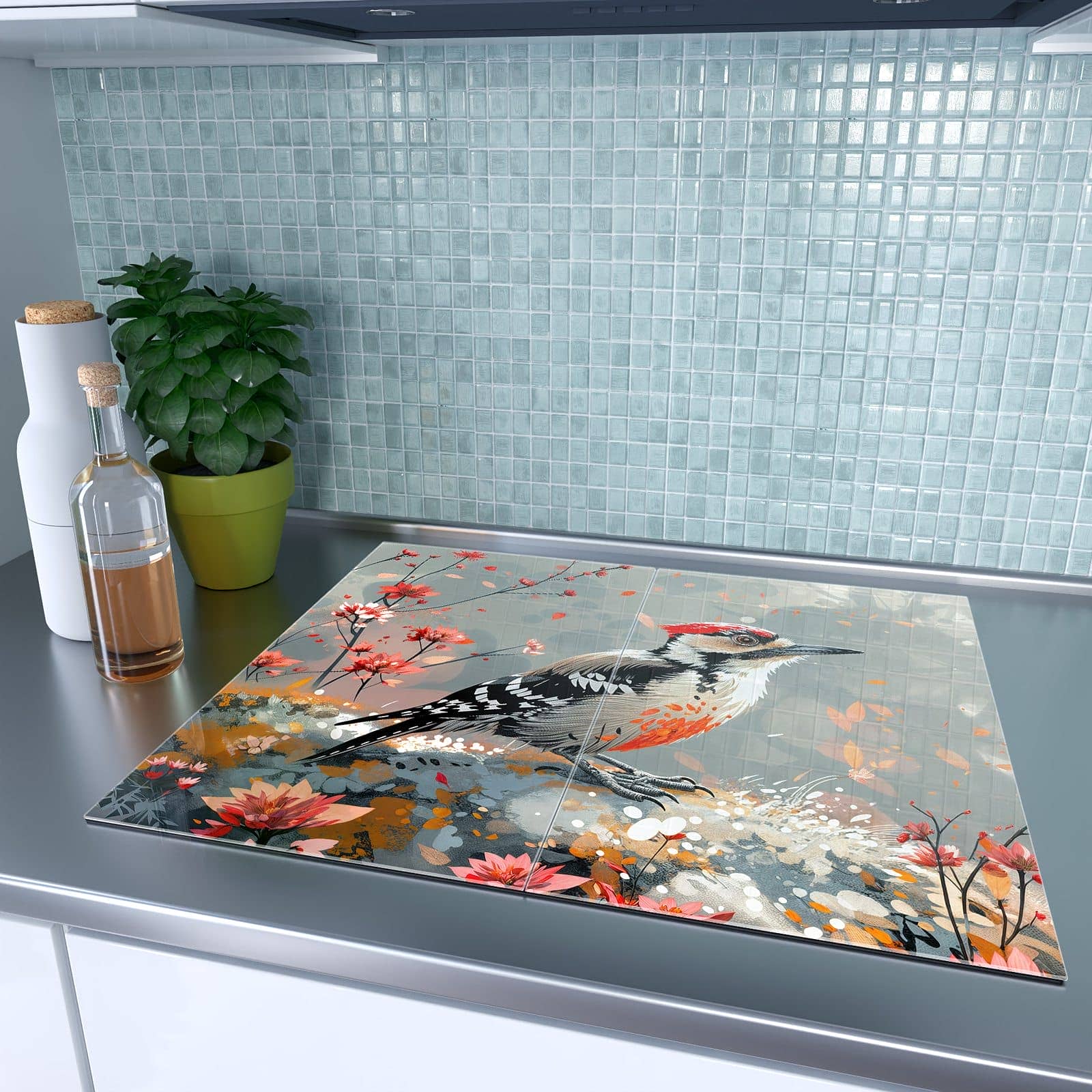 2-teilige Herdabdeckplatte für Induktionsherd mit Specht zwischen Blumen-Motiv auf dem Ceranfeld