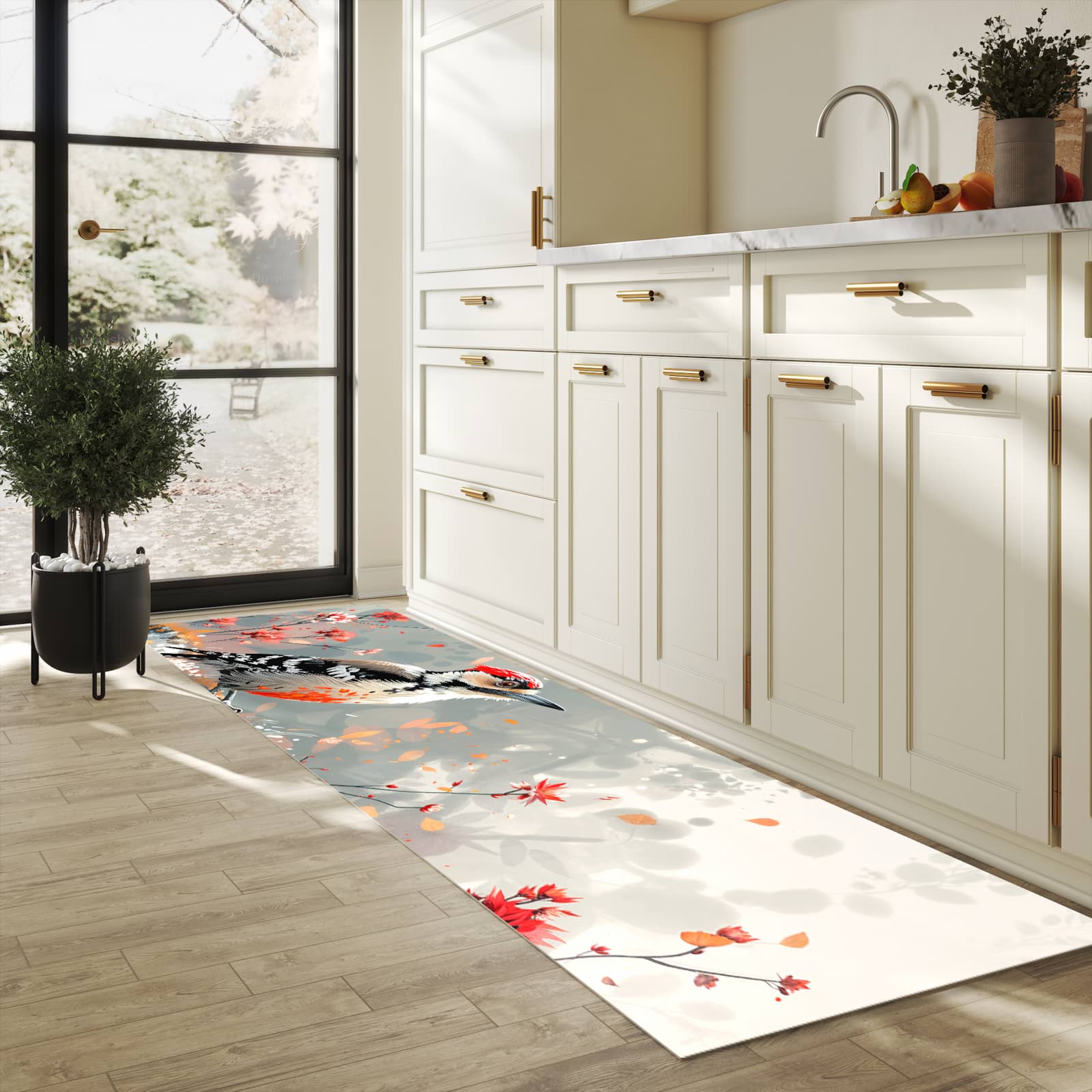 Pflegeleichter waschbarer Küchenläufer mit Motiv Specht zwischen Blumen in heller Küche
