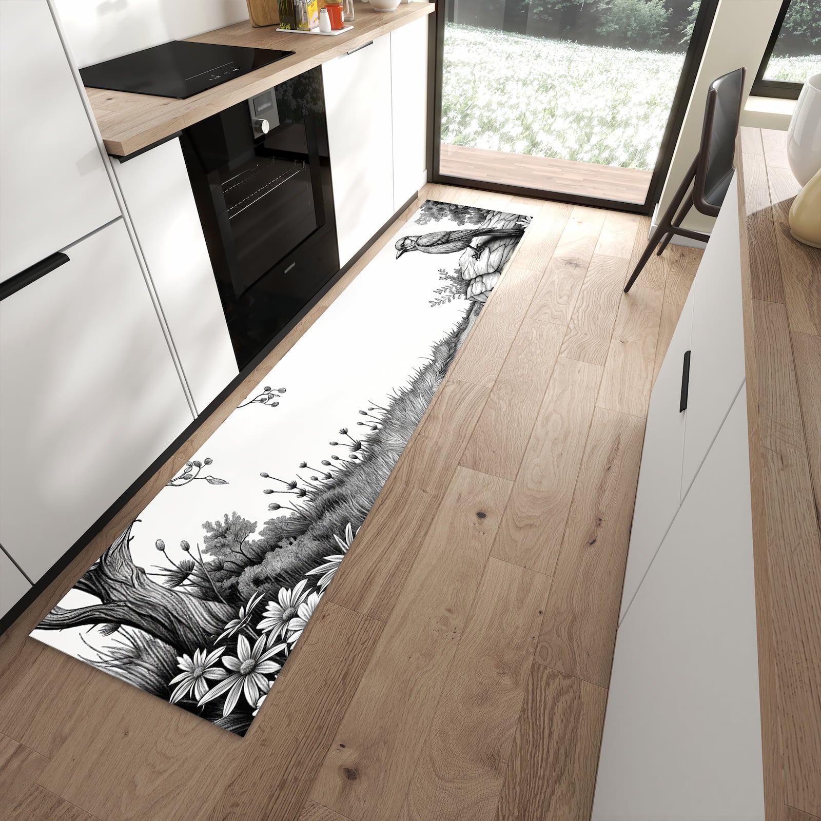 Schmutzabweisender Teppich für Esstisch mit Motiv Natur Illustration in moderner Küche