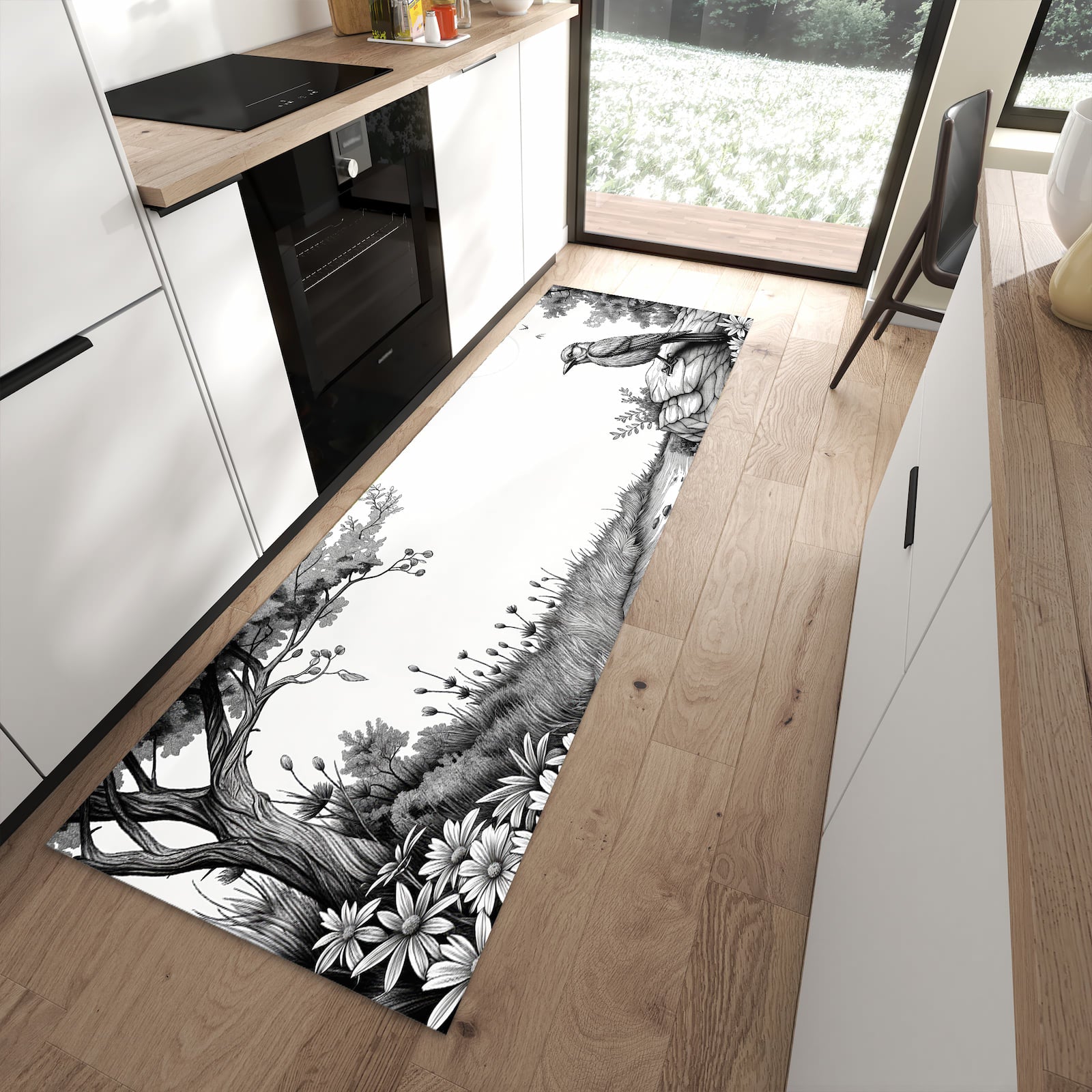 Pflegeleichter Küchenteppich mit Motiv Natur Illustration in moderner Küche