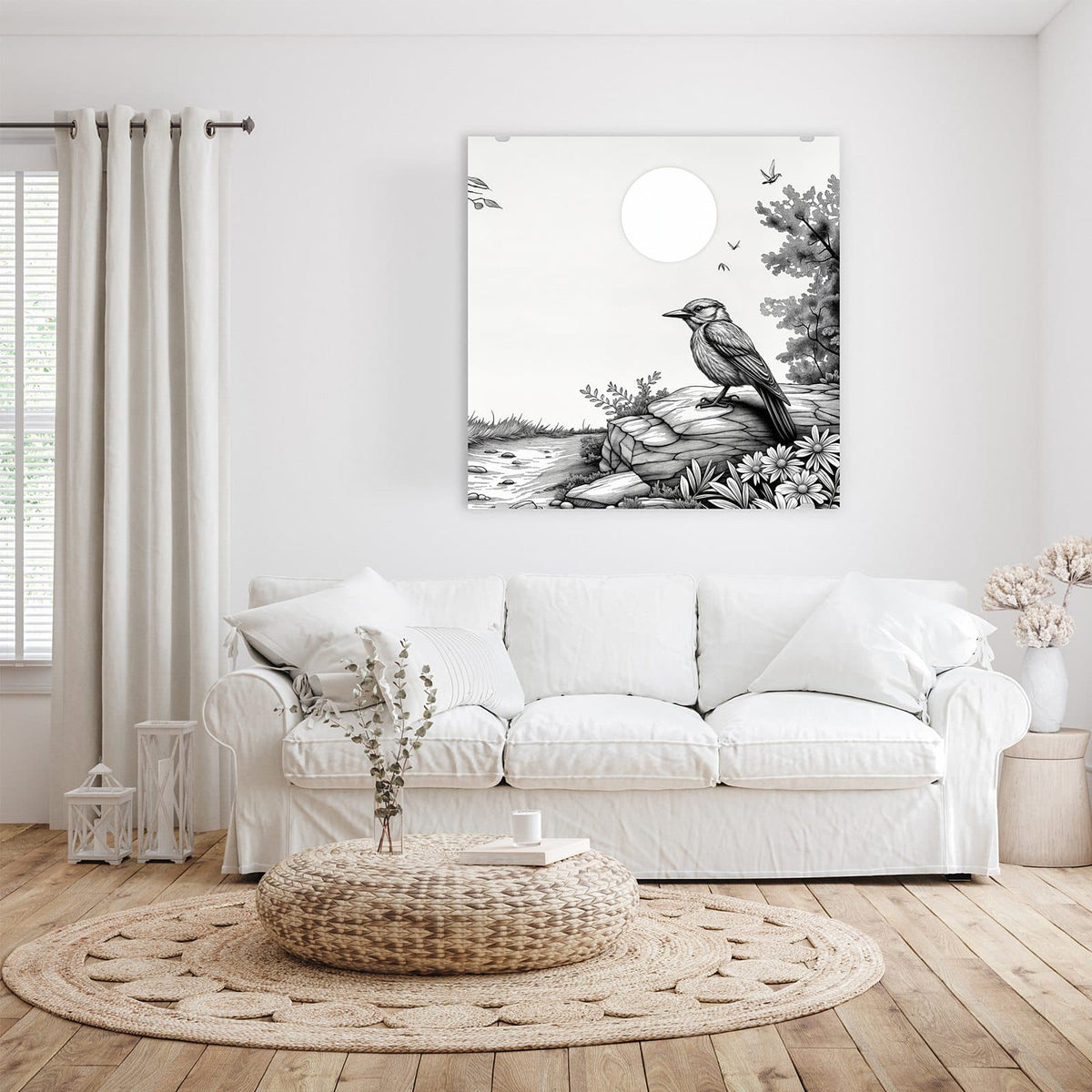 Glasbild Vogel auf dem Felsen an der Wand – Feine Schwarz-Weiß-Zeichnung: Vogel auf einem Felsen, Margeriten, Strauch und weiße Sonnenscheibe