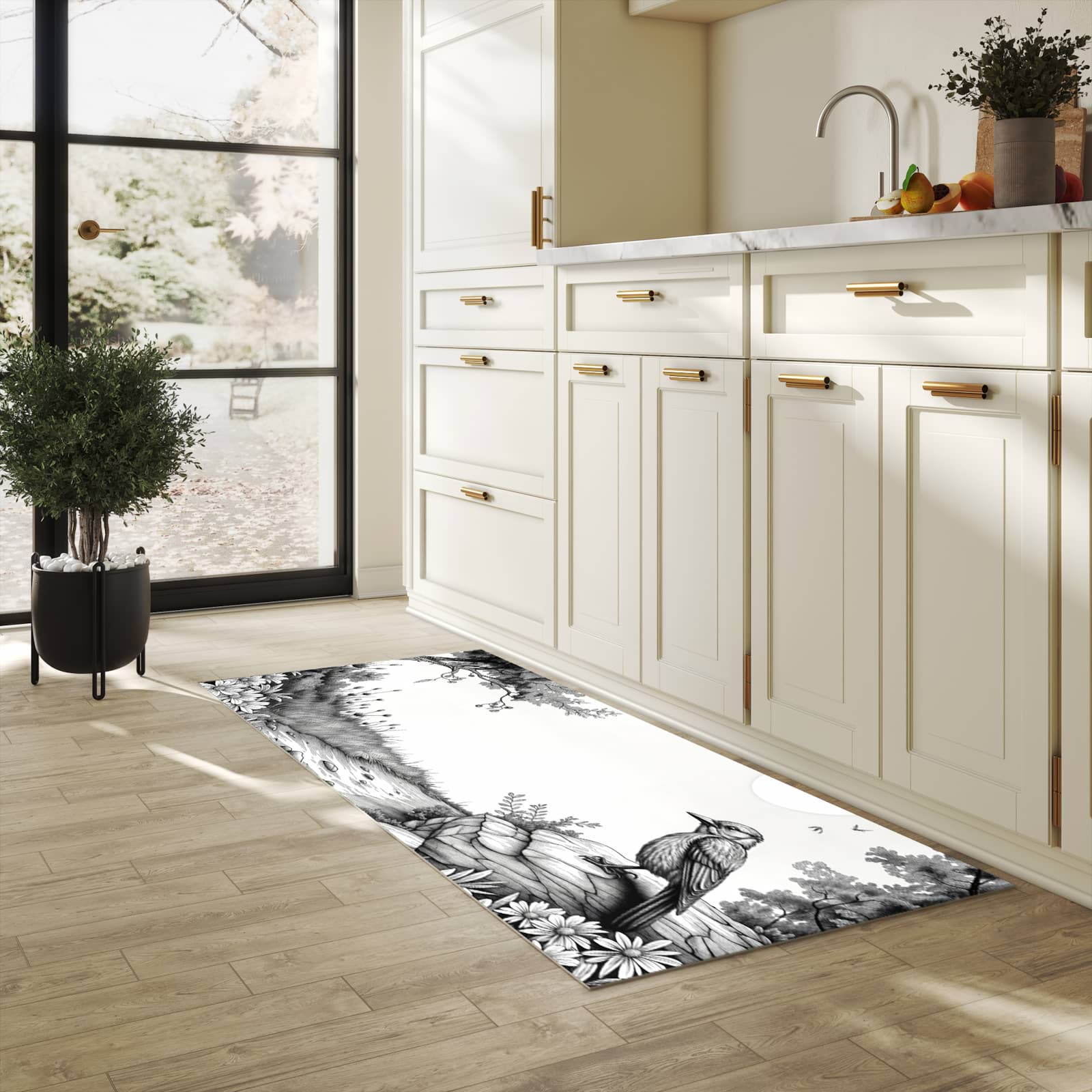 Küchenteppich mit Motiv Natur Illustration für Ordnung in heller Küche