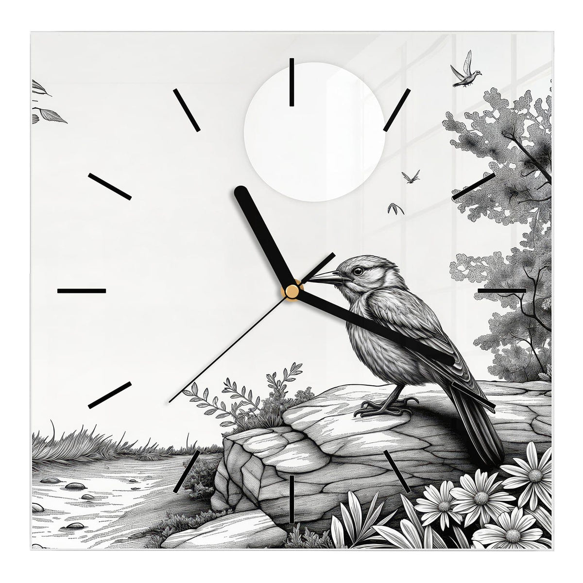 Wanduhr aus Glas, Ziffernblatt Linie: Feine Schwarz-Weiß-Zeichnung: Vogel auf einem Felsen, Margeriten, Strauch und weiße Sonnenscheibe