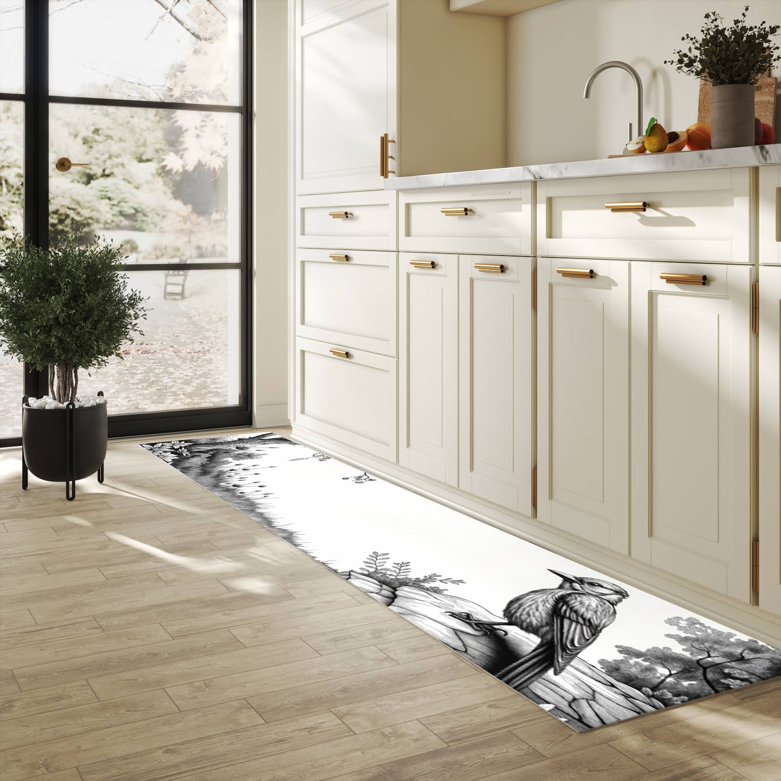Feuchtigkeitsresistenter Küchenteppich mit Motiv Natur Illustration in heller Küche