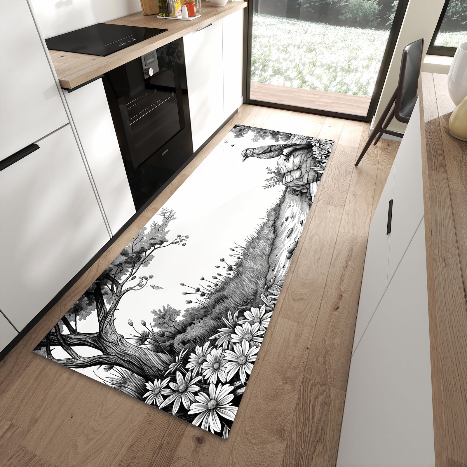 Küchenteppich mit Motiv Natur Illustration für angenehme Haptik in moderner Küche
