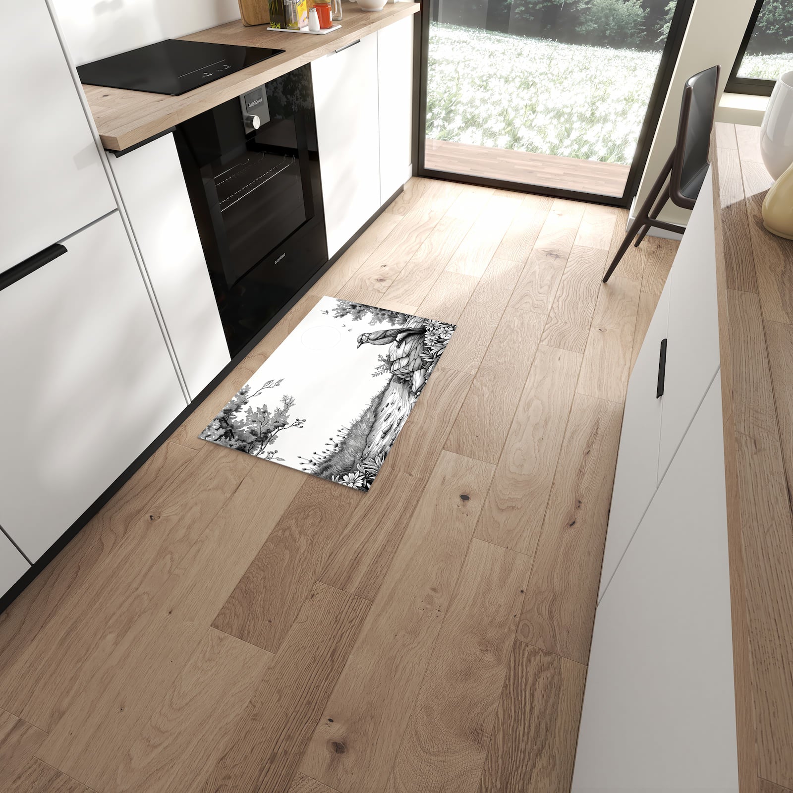 Langlebiger Bodenläufer mit Motiv Natur Illustration in moderner Küche