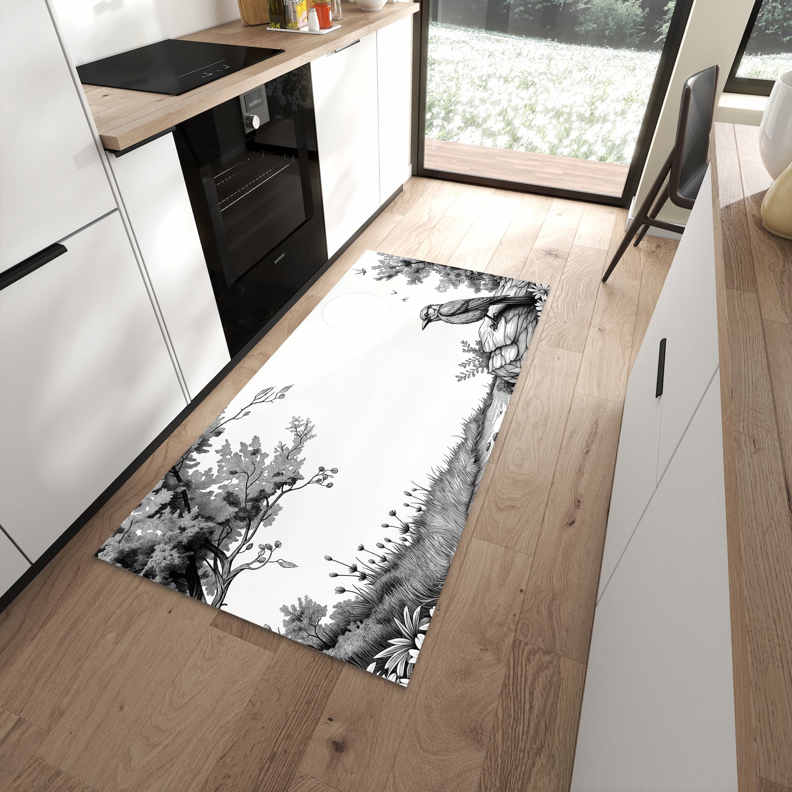 Rutschfester Küchenteppich mit Motiv Natur Illustration in moderner Küche - leicht zu reinigen