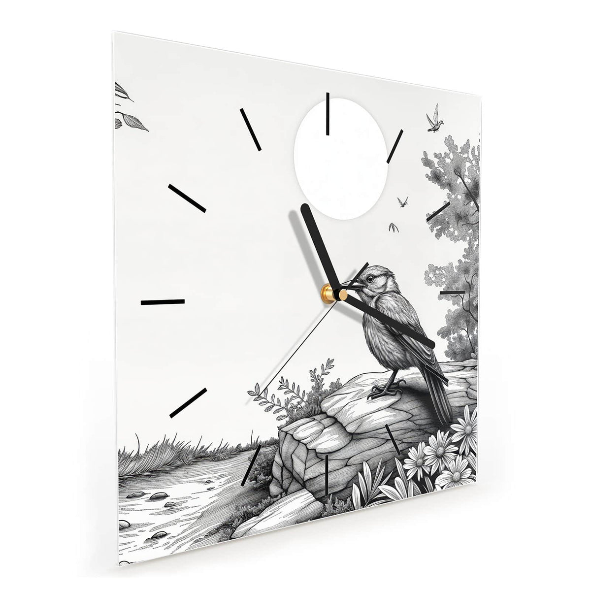 Quadratische Wanduhr aus Glas Vogel auf dem Felsen schräg von der Seite, 4 mm starkes Glas