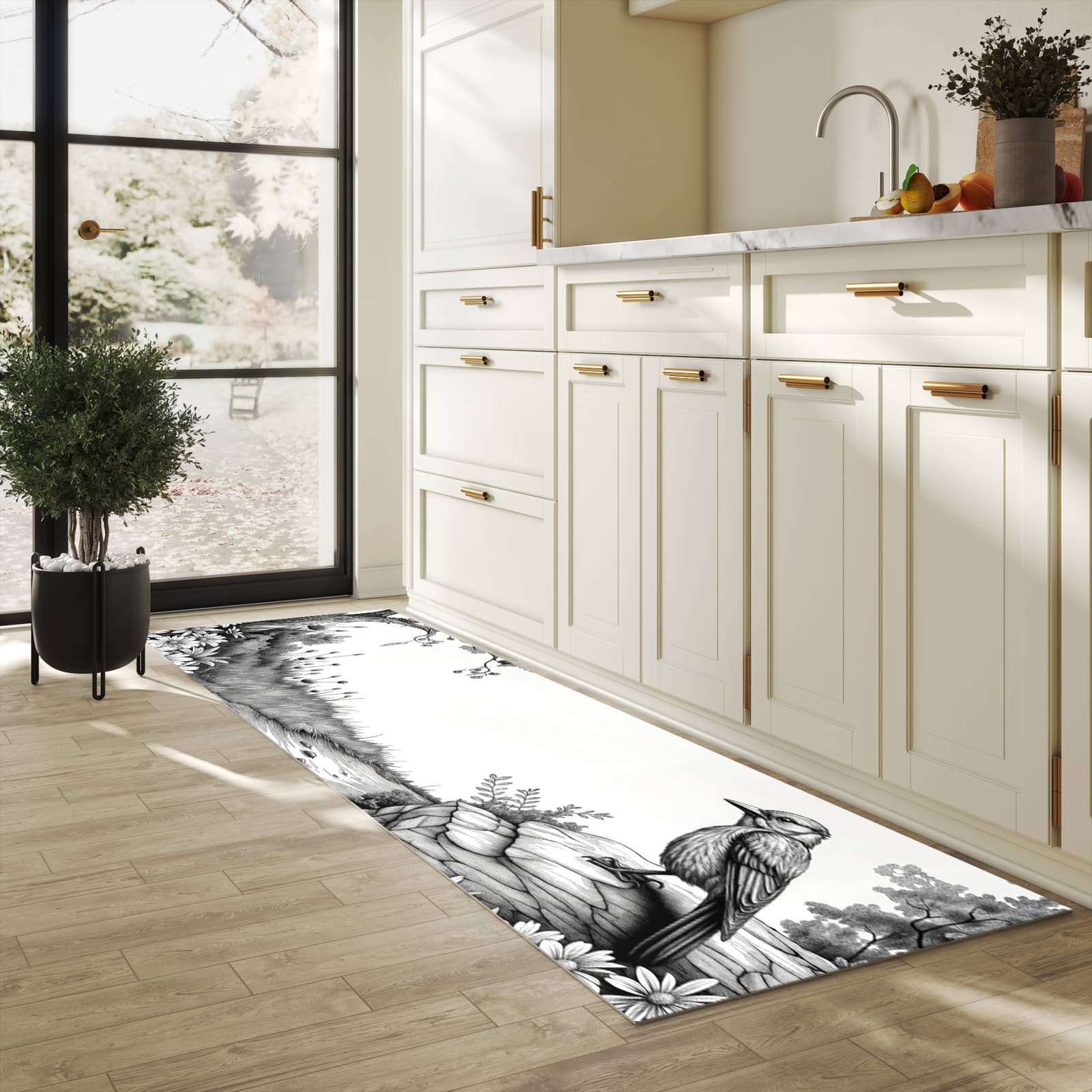 Farbbeständiger waschbarer Küchenteppich mit Motiv Natur Illustration in heller Küche