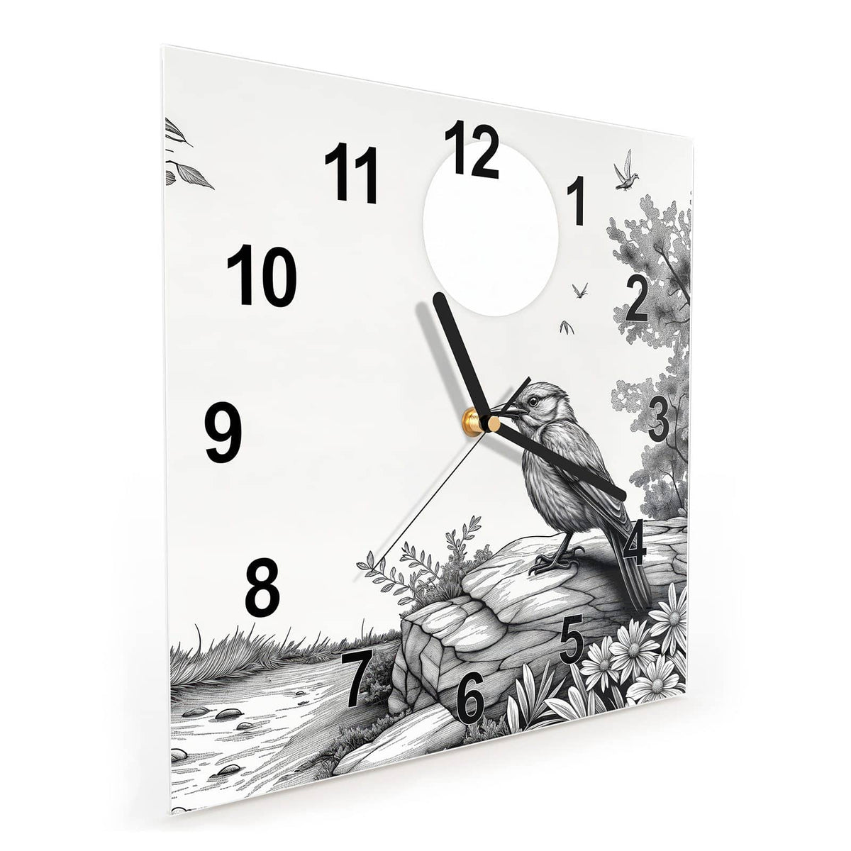 Quadratische Wanduhr aus Glas Vogel auf dem Felsen schräg von der Seite, 4 mm starkes Glas