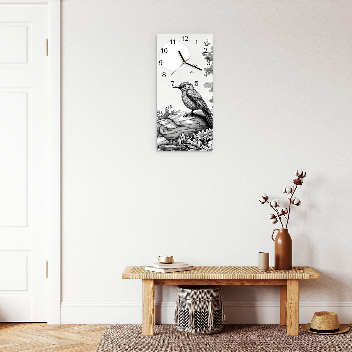 Moderne Wanduhr aus Glas mit Farbtiefe – Wanduhr Natur Illustration aus Glas – Hochformat 30 × 60 cm
