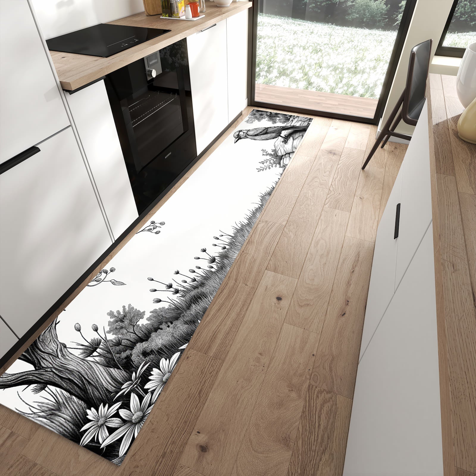 Geruchsneutraler rutschfester Küchenteppich mit Motiv Natur Illustration in moderner Küche