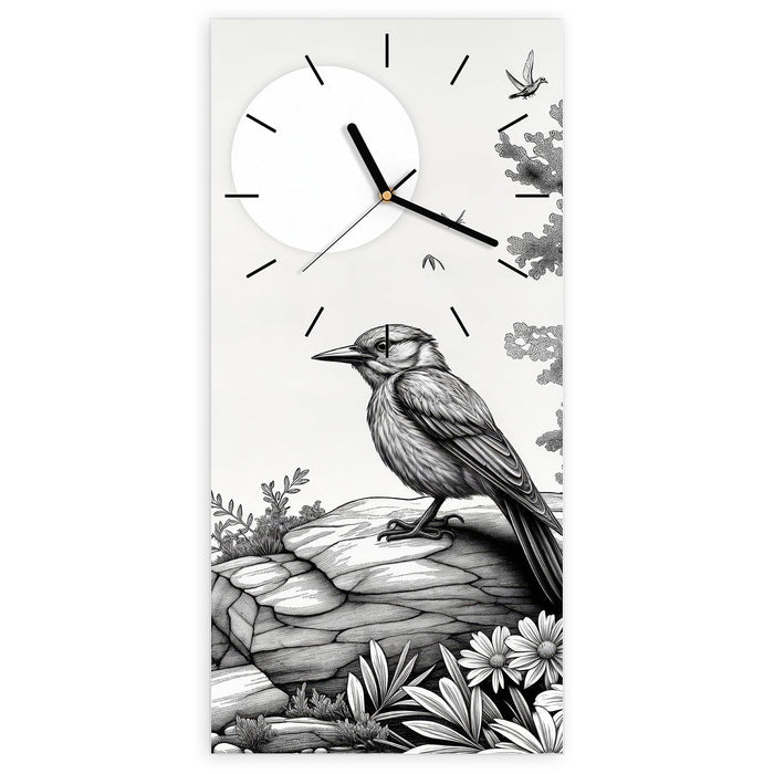 Wanduhr Natur Illustration aus Glas – Hochformat 30 × 60 cm mit Ziffernblatt Linie