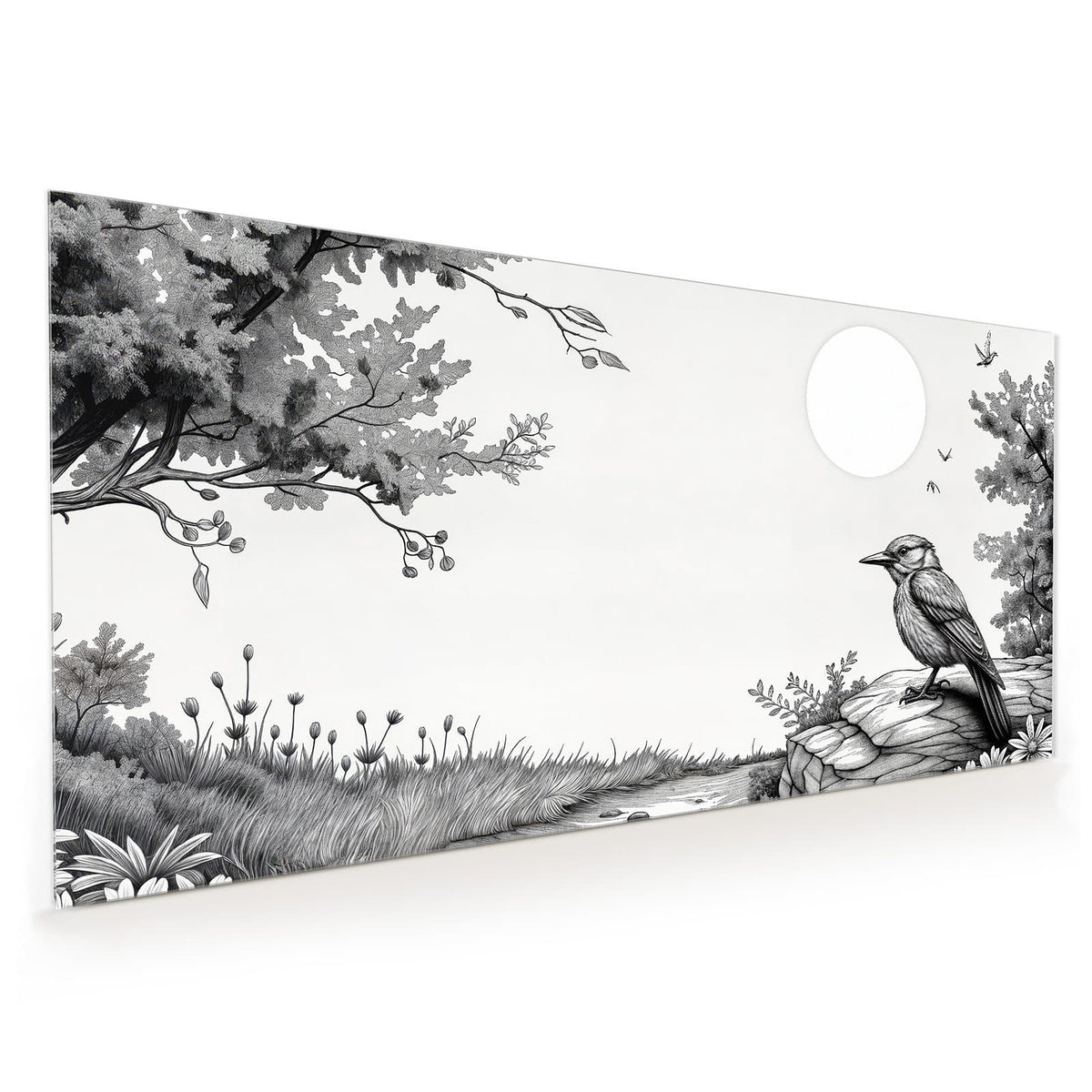Küchenrückwand aus Glas im Hochformat: Feine Schwarz-Weiß-Zeichnung: Vogel auf einem Felsen, Margeriten, Strauch und weiße Sonnenscheibe