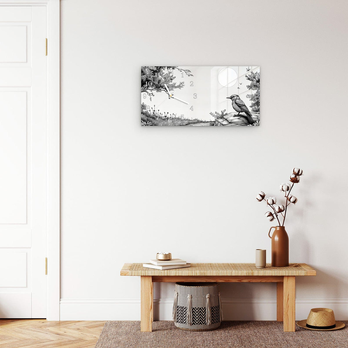 Moderne Wanduhr aus Glas mit Farbtiefe – Wanduhr Natur Illustration aus Glas – Querformat 60 × 30 cm