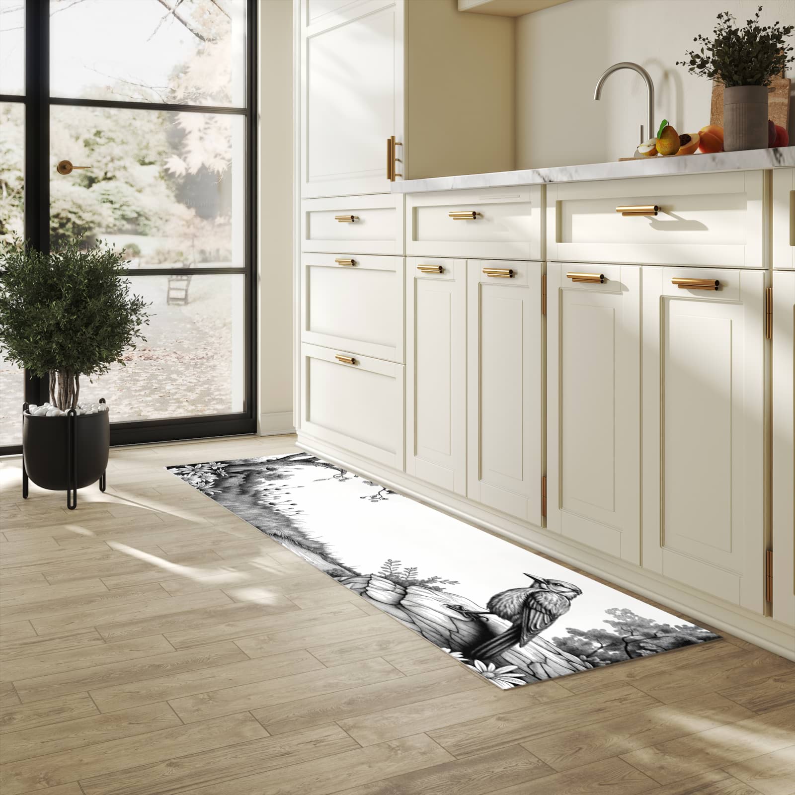 Langlebiger Küchenteppich mit Motiv Natur Illustration in heller Küche