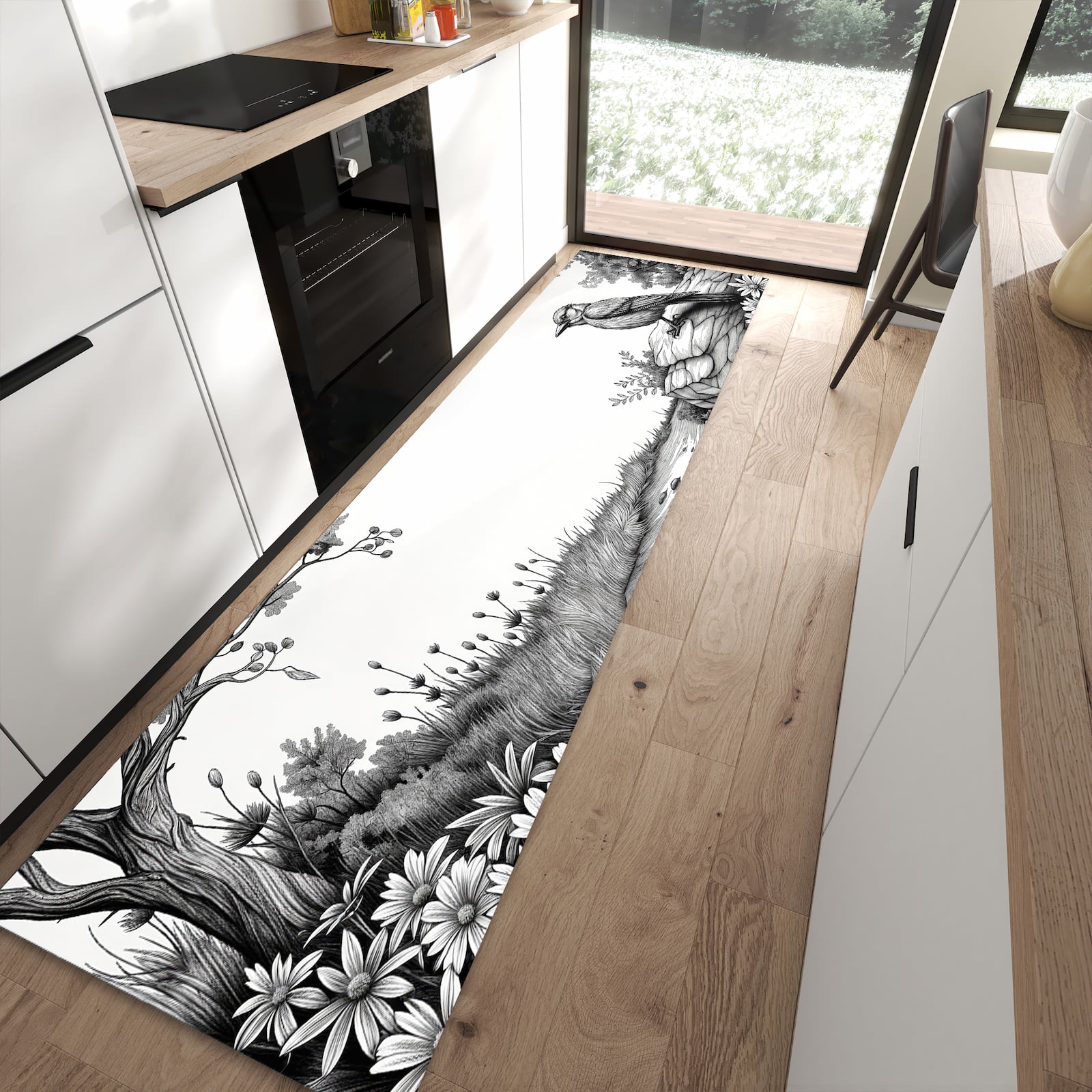 Rutschfester Küchenläufer mit Motiv Natur Illustration in moderner Küche