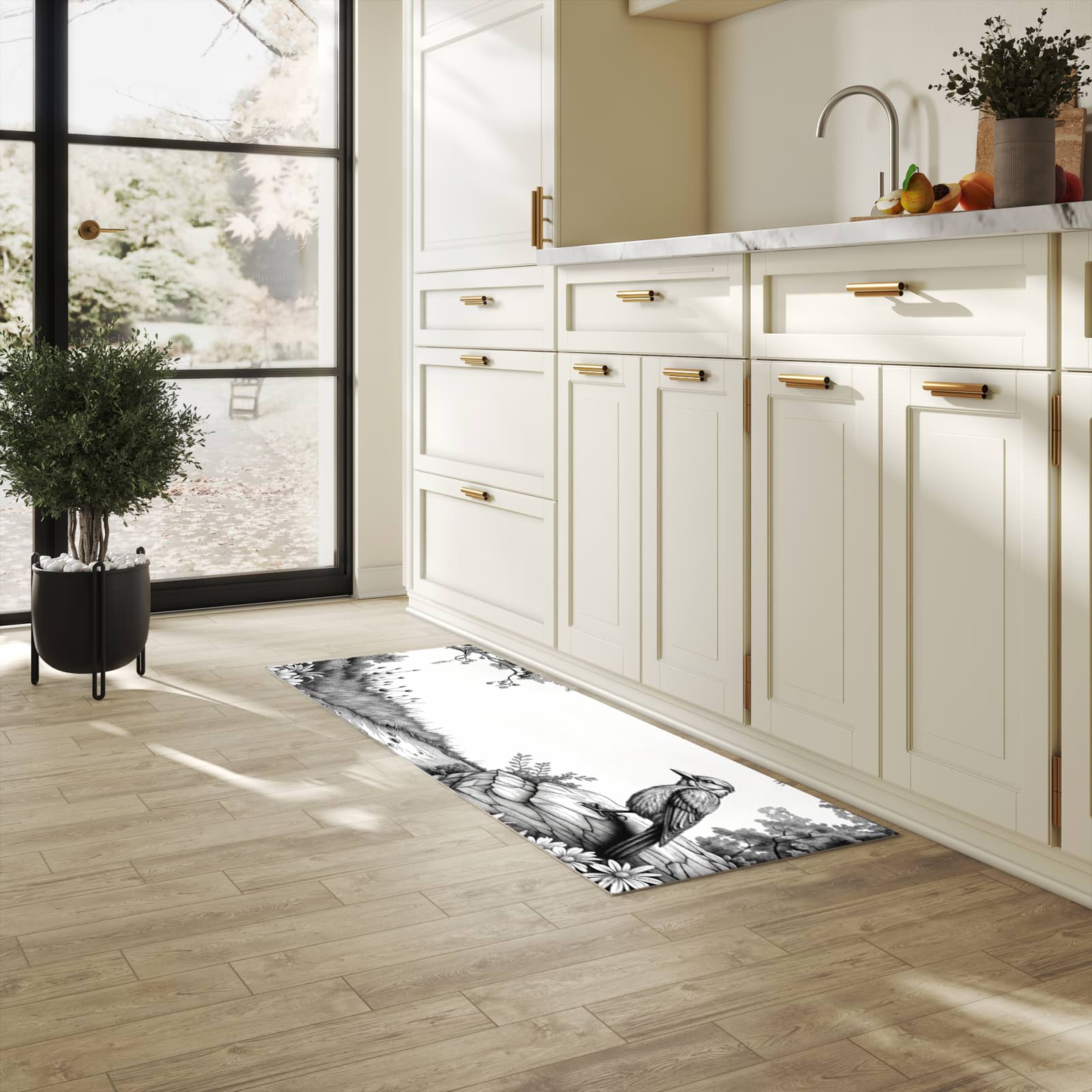 Waschbarer Bodenläufer Teppich mit Motiv Natur Illustration in heller Küche