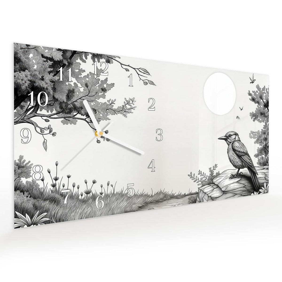 Vormontiert – mit Schwebeeffekt – Wanduhr Natur Illustration aus Glas – Querformat 60 × 30 cm