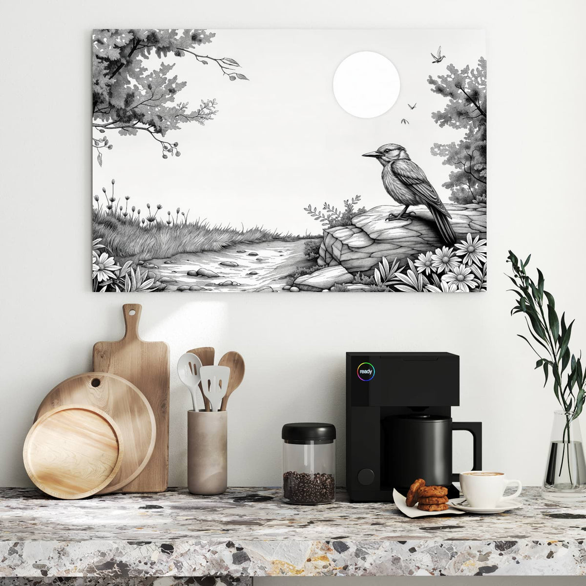 Metall Magnettafel - Vogel auf dem Felsen – Vogel auf Fels mit Margeriten