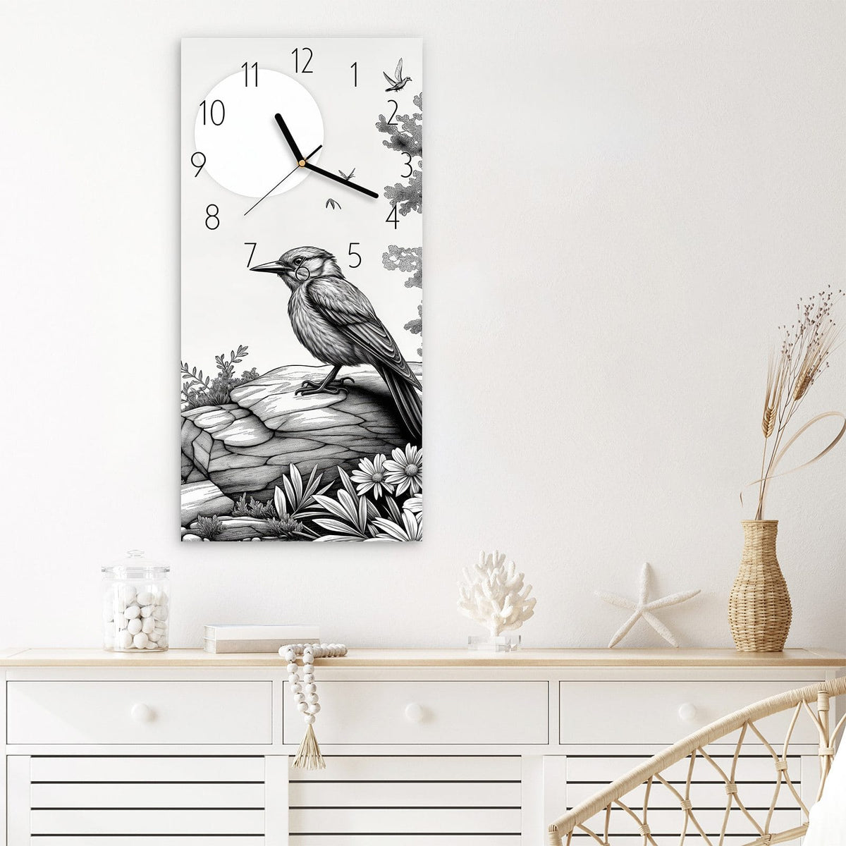 Wanduhr Natur Illustration aus Glas – Hochformat 30 × 60 cm – Verschlungener Baum und Vogel auf Fels