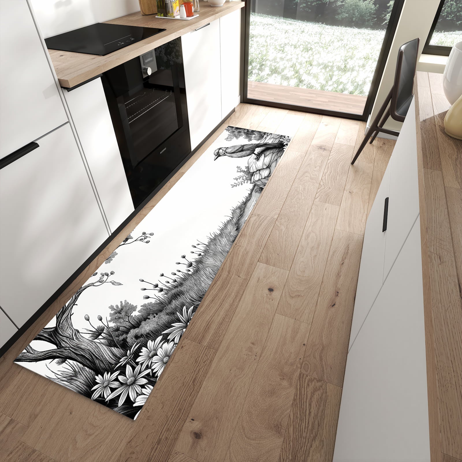 Fleckenresistenter waschbarer Teppich mit Motiv Natur Illustration in moderner Küche