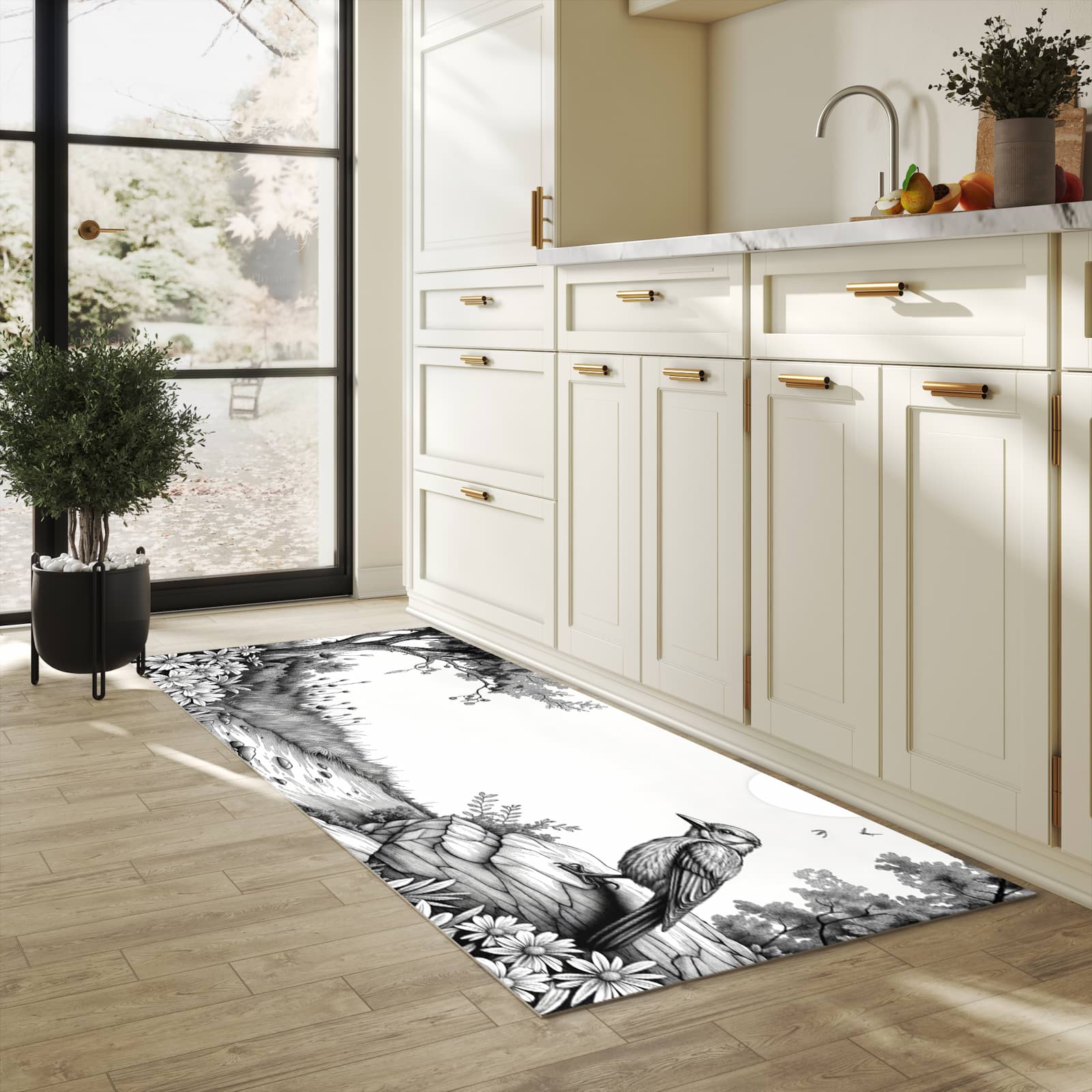 Zeitsparender waschbarer Küchenteppich mit Motiv Natur Illustration in heller Küche