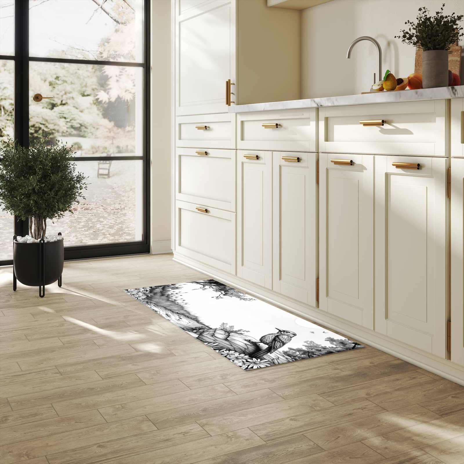 Strapazierfähiger Bodenläufer mit Motiv Natur Illustration in heller Küche