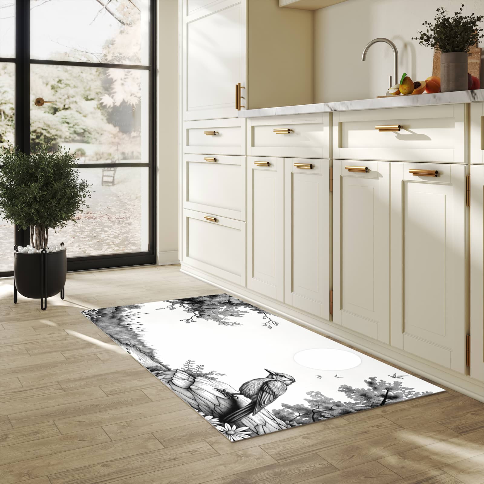 Rutschfester Küchenteppich mit Motiv Natur Illustration in heller Küche für sicheren Stand