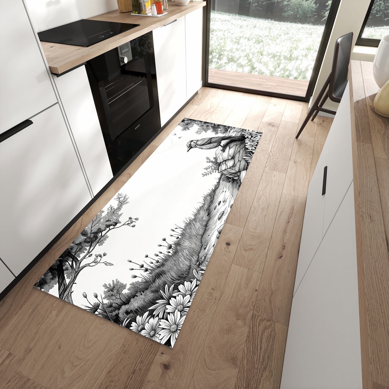 Flacher Bodenläufer mit Motiv Natur Illustration in moderner Küche